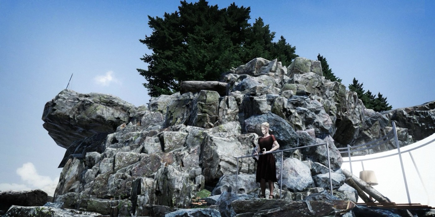 Still from Eight: a woman on a rocky mountain in virtual reality